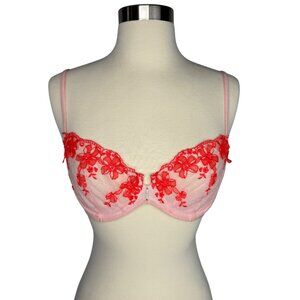 Victorias Secret 34C Push-Up Bra Without Padding Red Lace Embroidery & Jewel Det